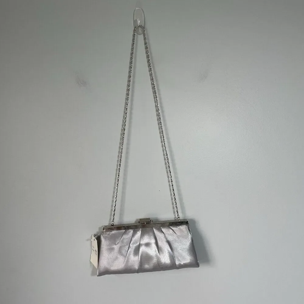 Jessica McClintock Vtg. Silk Clutch Purse Shoulder Bag Silver Gray Metal Clasp